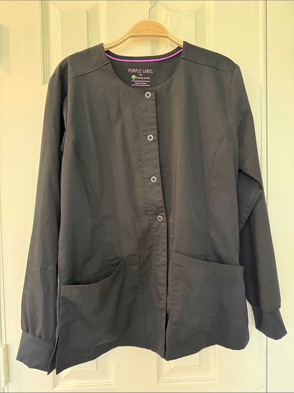 Purple label by healing hands Black Collarless snap lab scrub Jacket